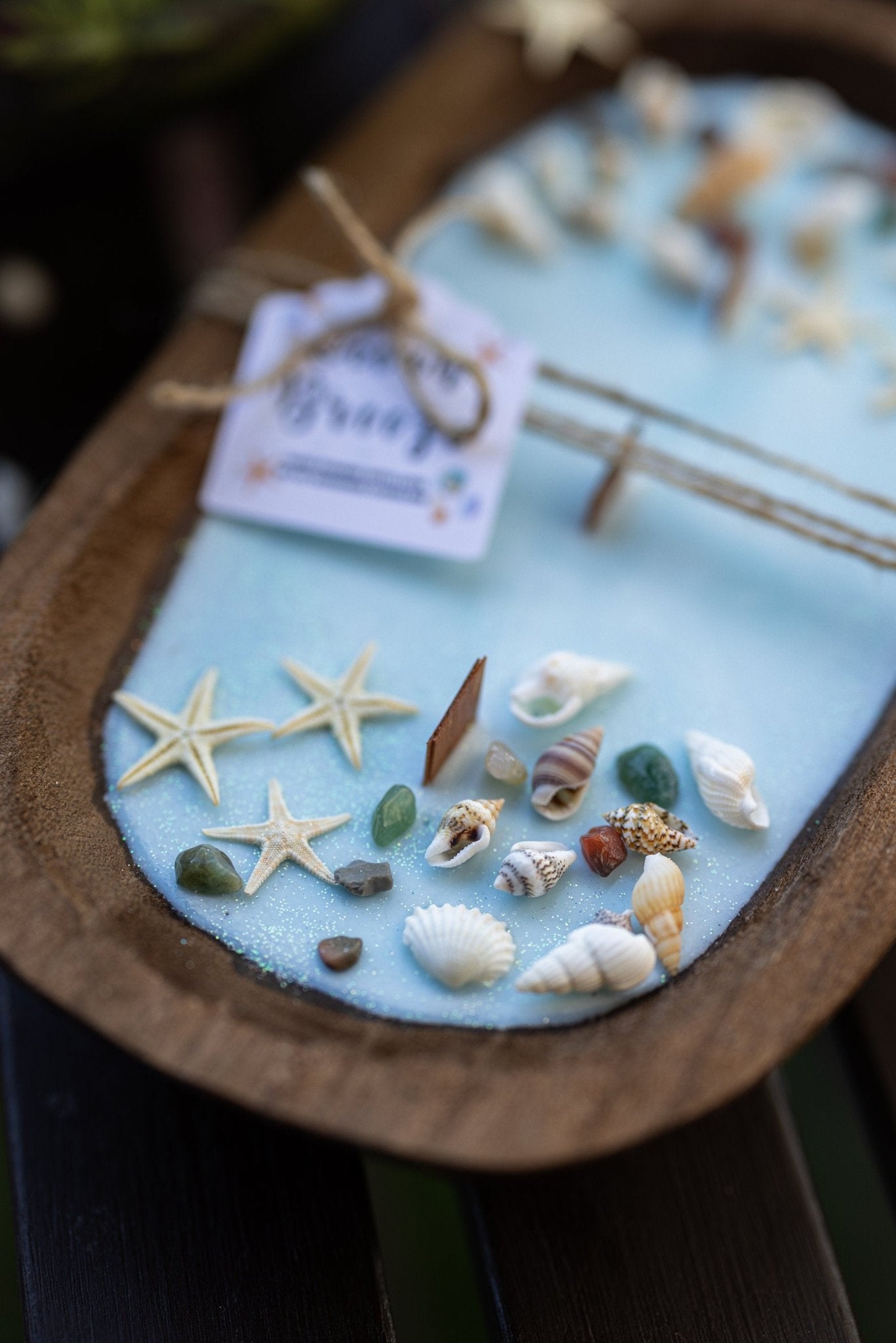 Dough Bowl Candle With Wood Wick and Soy Wax/ With Sea Shells & Starfish /Farmhouse Candle/3 Wood Wick Candle /Summer Scents