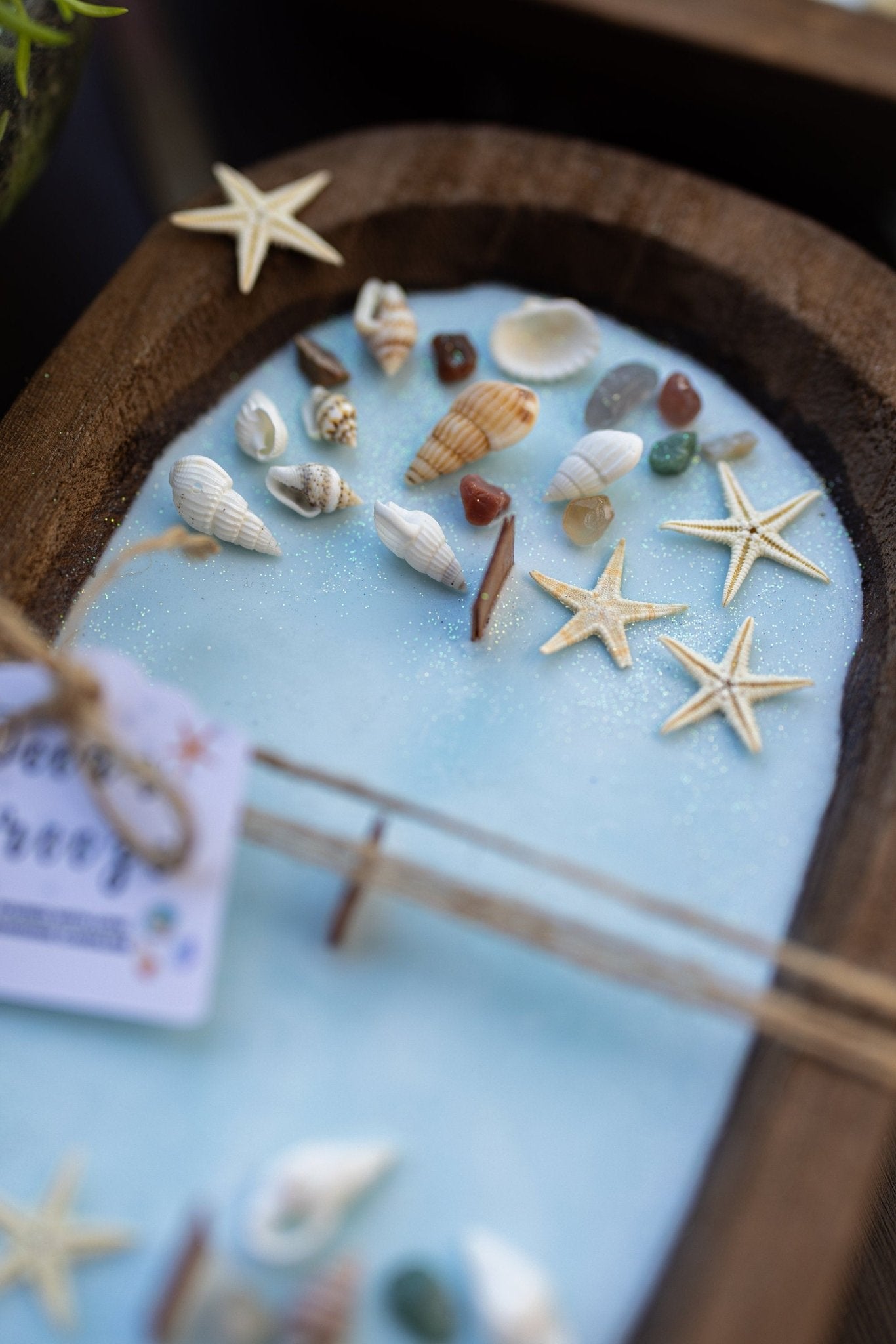 Dough Bowl Candle With Wood Wick and Soy Wax/ With Sea Shells & Starfish /Farmhouse Candle/3 Wood Wick Candle /Summer Scents