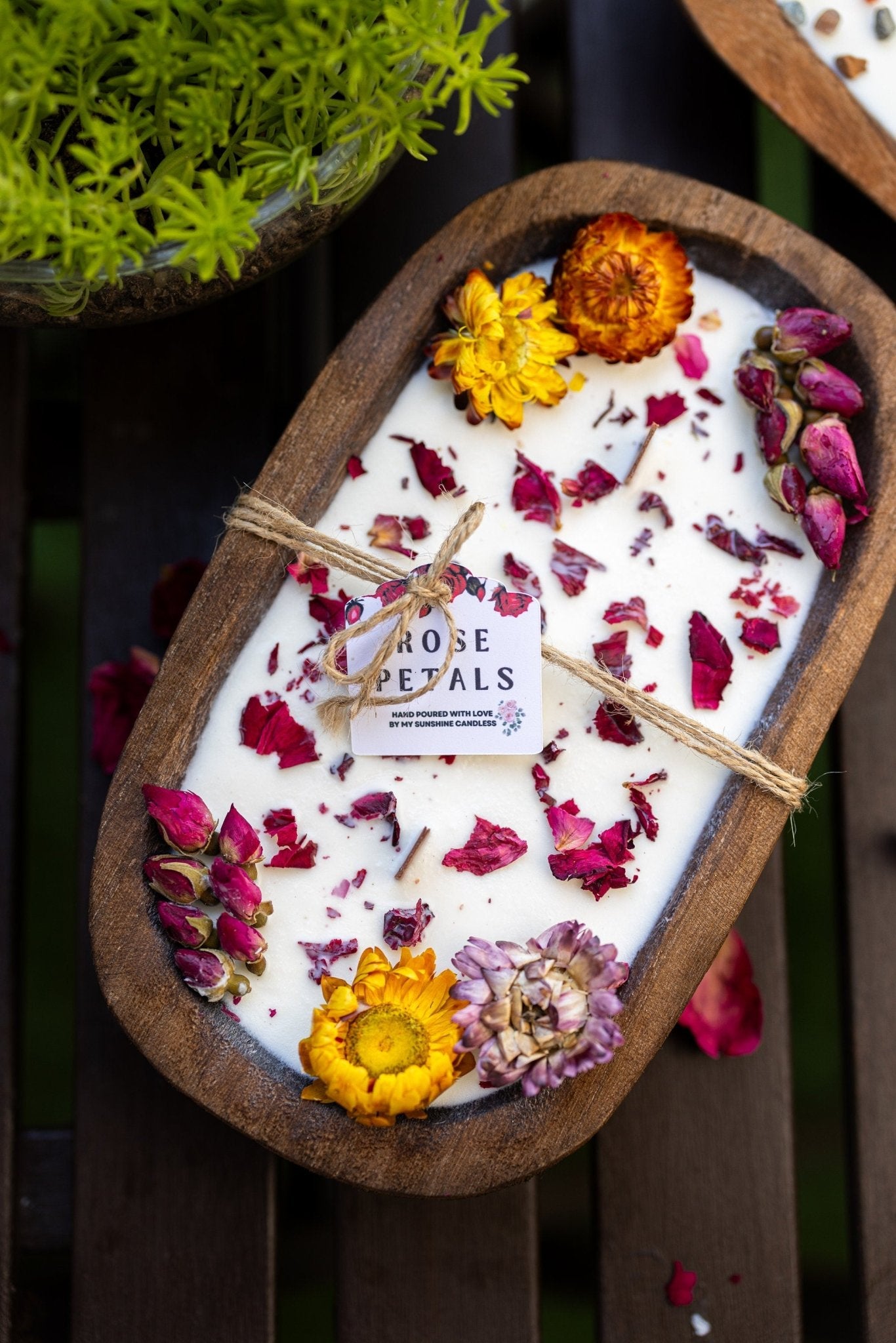 Dough Bowl Candle With Wood Wick and Soy Wax/With Rose Petal/Rose Garden /Farmhouse Candle/3 Wood Wick Candle /Summer Scents