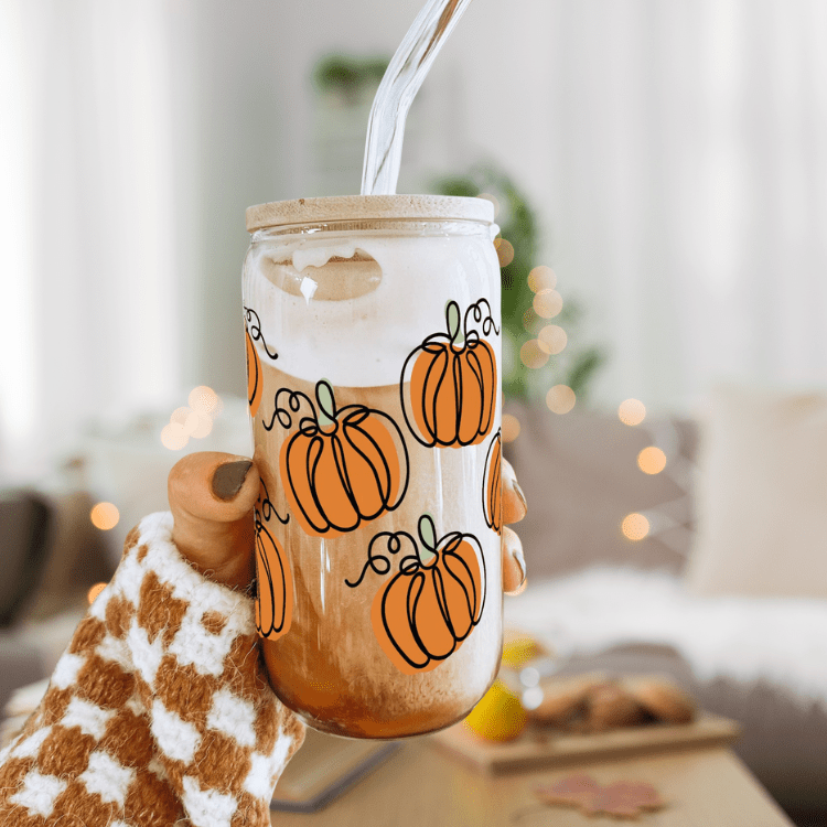 Pumpkin Glass Can Coffee Cup With Lid and Straw, Fall Coffee Mug, Fall Season Gift Pumpkin Season Design Iced Coffee Cup /16oz Glass Cup