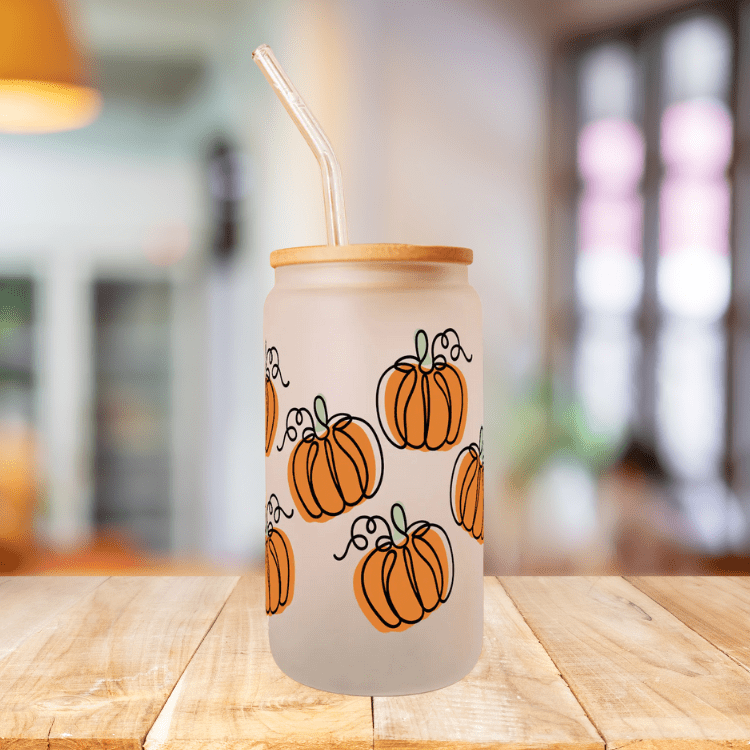 Pumpkin Glass Can Coffee Cup With Lid and Straw, Fall Coffee Mug, Fall Season Gift Pumpkin Season Design Iced Coffee Cup /16oz Glass Cup