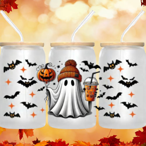 Libbey Cute Ghost Halloween 16 oz Glass Can Tumbler with Lid & Straw Spooky Season Gift for Iced Coffee & Drinks