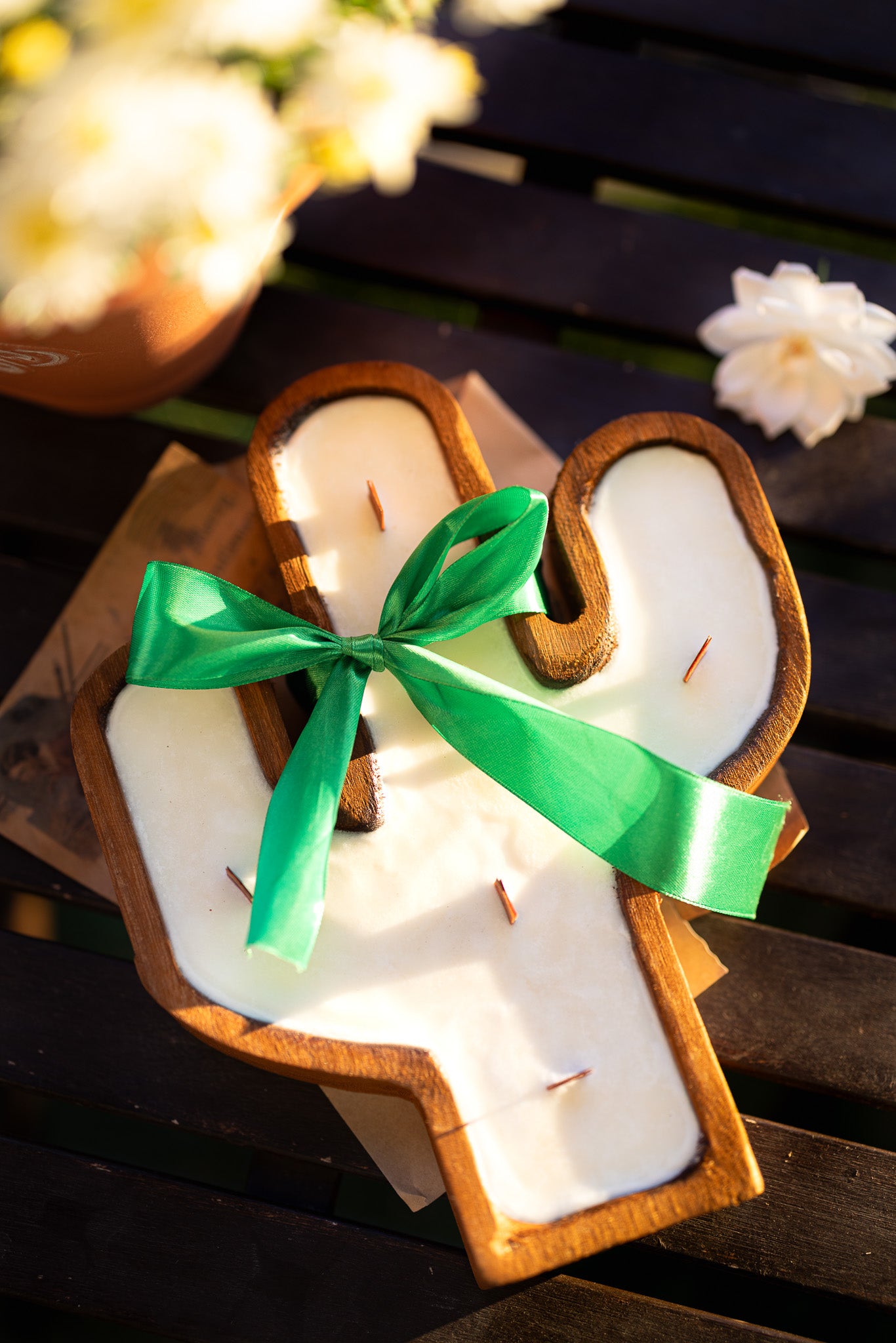 Cactus Rustic Wood Bowl Candle / 6 Wood Wicks