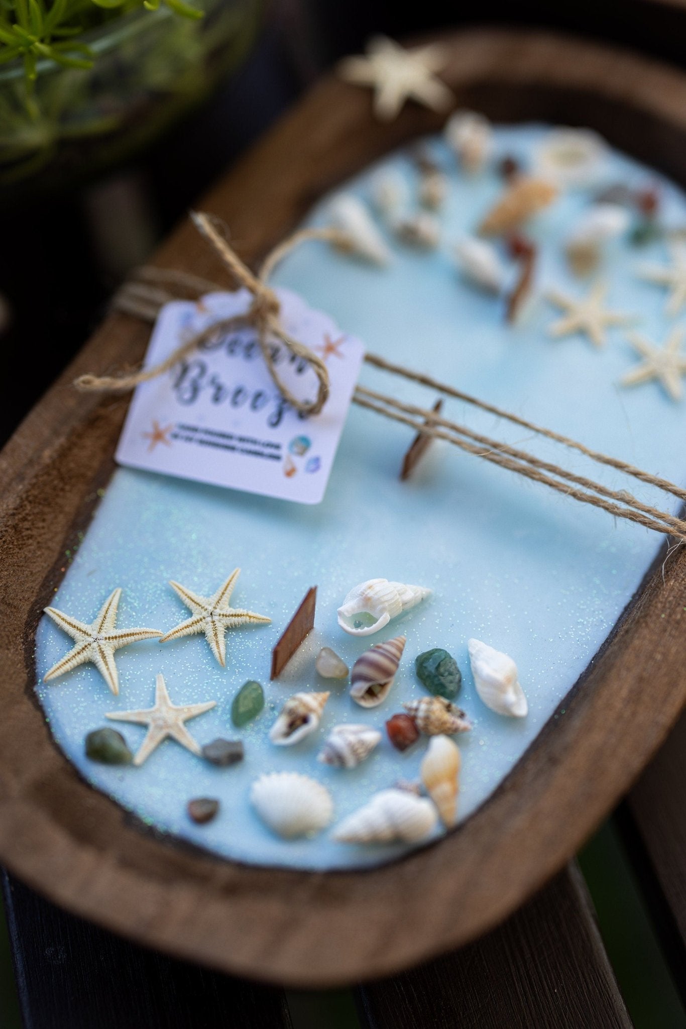 Dough Bowl Candle With Wood Wick and Soy Wax/ With Sea Shells & Starfish /Farmhouse Candle/3 Wood Wick Candle /Summer Scents