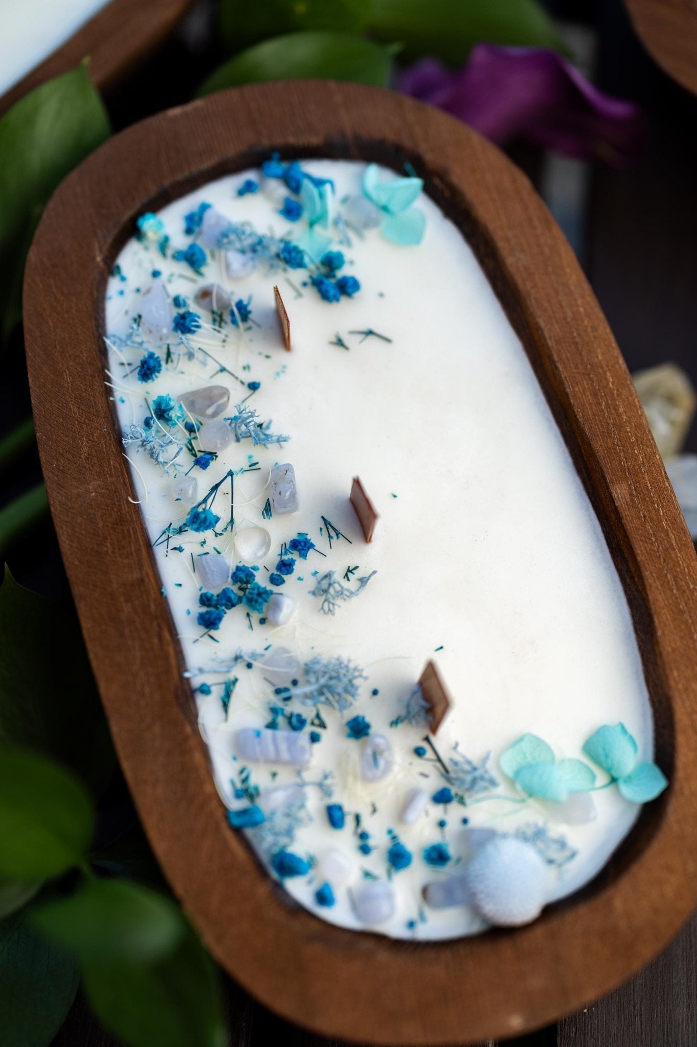 WOOD DOUGH BOWL Crystal Candle Natural/Stone Candle Spell Candle /Crystal Infused Candle / Dry Flowers Candle /Housewarming Gift 3 Wood Wick