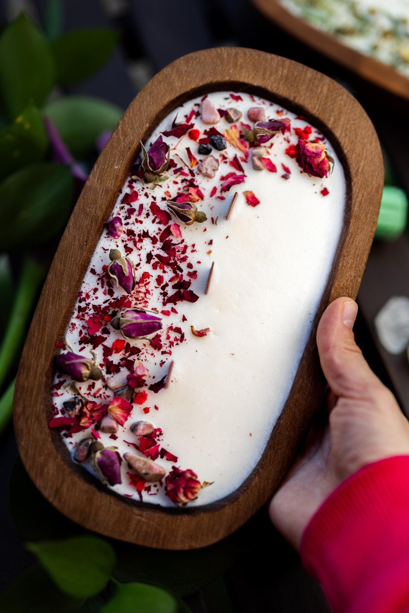 WOOD DOUGH BOWL Crystal Candle Natural/Stone Candle Spell Candle /Crystal Infused Candle / Dry Flowers Candle /Housewarming Gift 3 Wood Wick