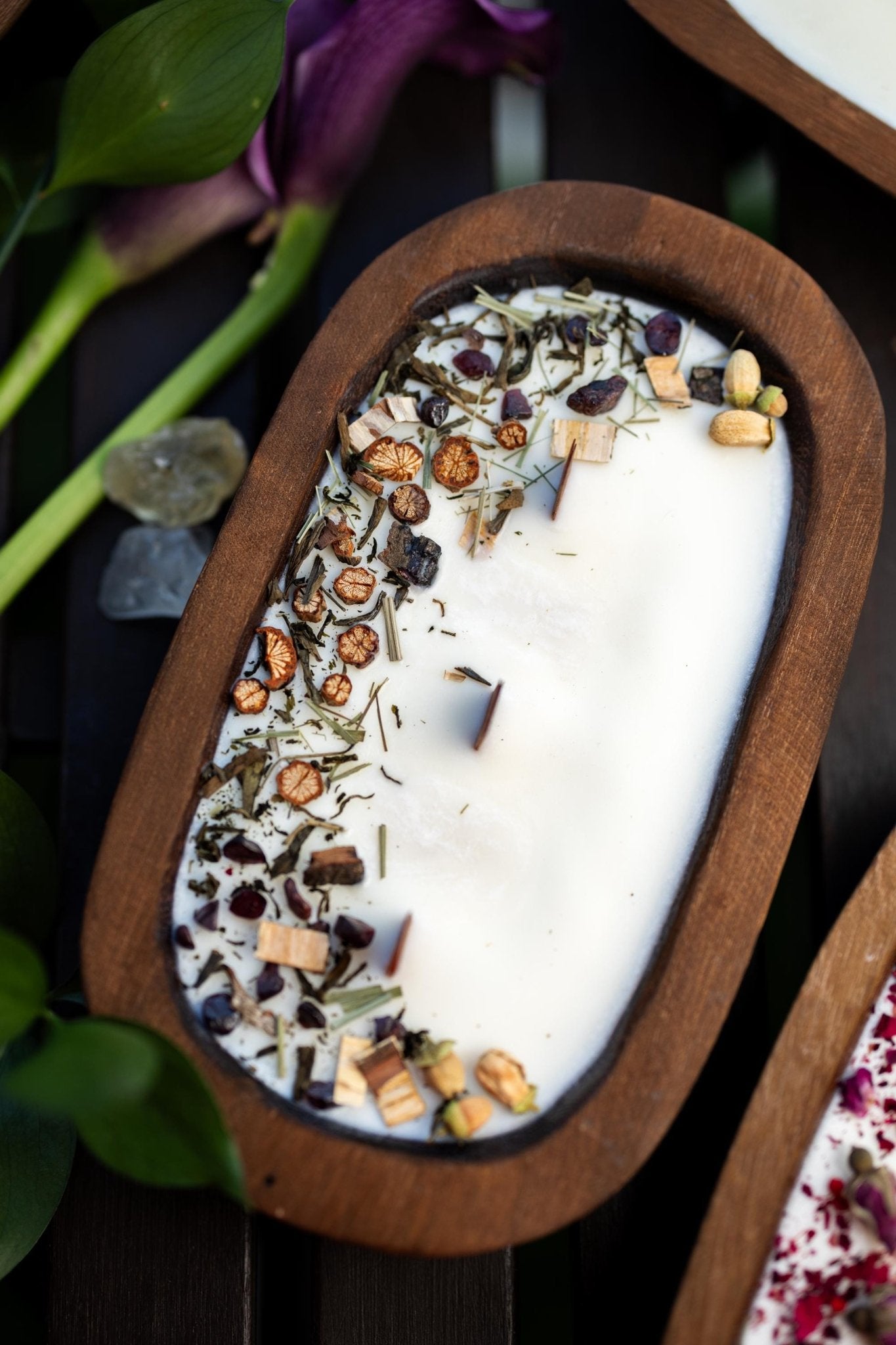 WOOD DOUGH BOWL Crystal Candle Natural/Stone Candle Spell Candle /Crystal Infused Candle / Dry Flowers Candle /Housewarming Gift 3 Wood Wick