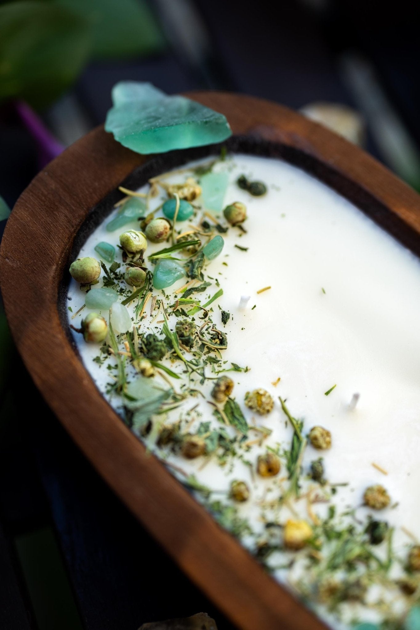 WOOD DOUGH BOWL Crystal Candle Natural/Stone Candle Spell Candle /Crystal Infused Candle / Dry Flowers Candle /Housewarming Gift 3 Wood Wick